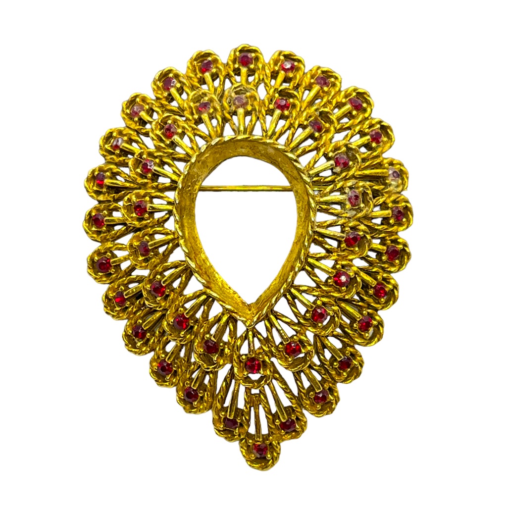 Capri Signed Vintage Gold Tone Brooch W Red Rhinestones Teardrop Shape